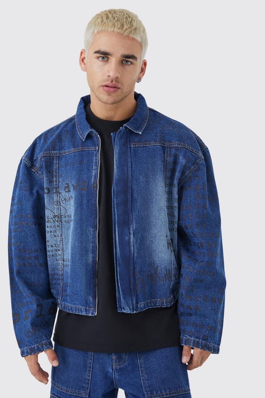 Mid blue Boxy Fit All Over Text Laser Print Denim Jacket