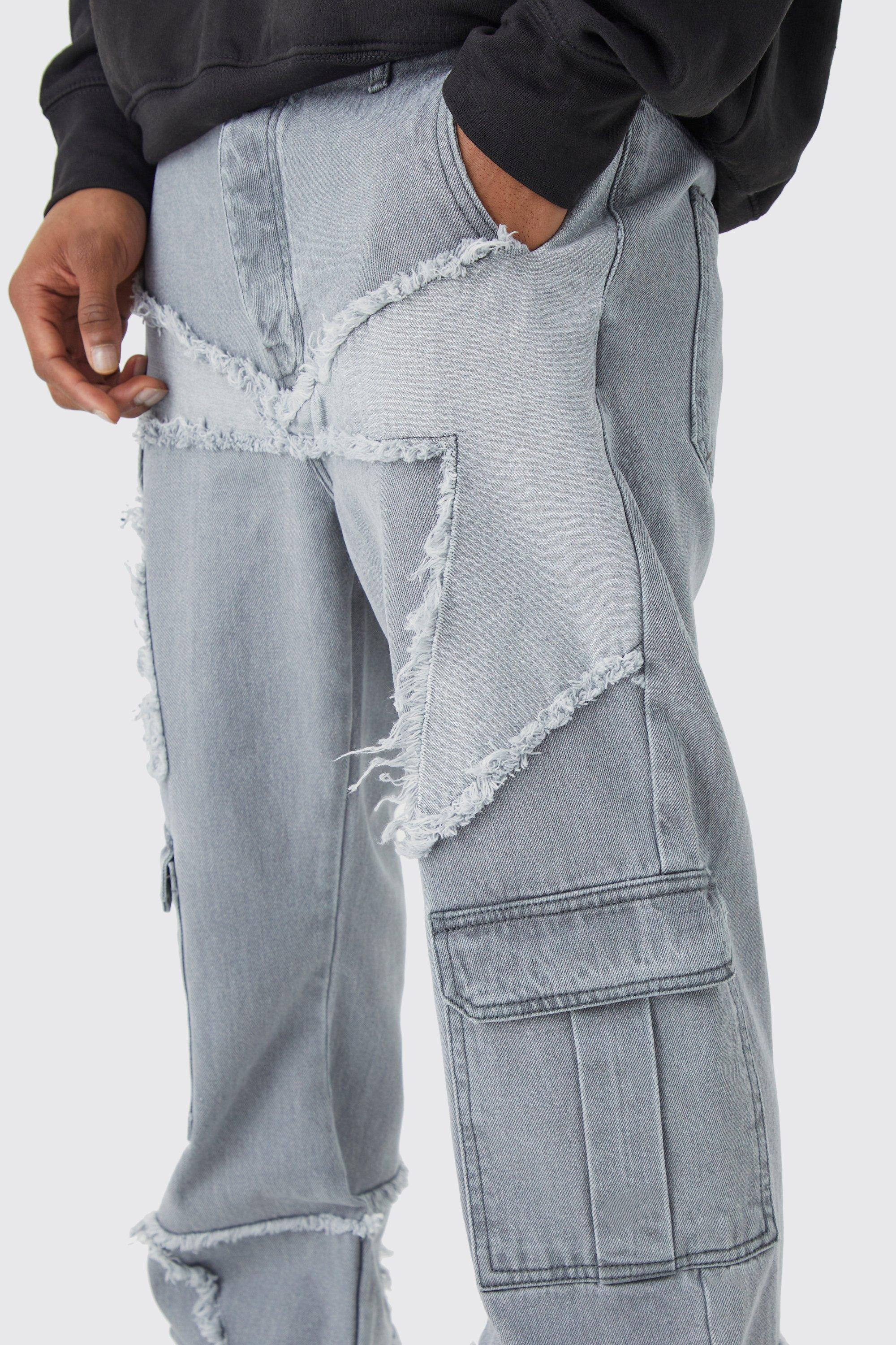 Relaxed Rigid Flare Frayed Edge Cargo Jeans