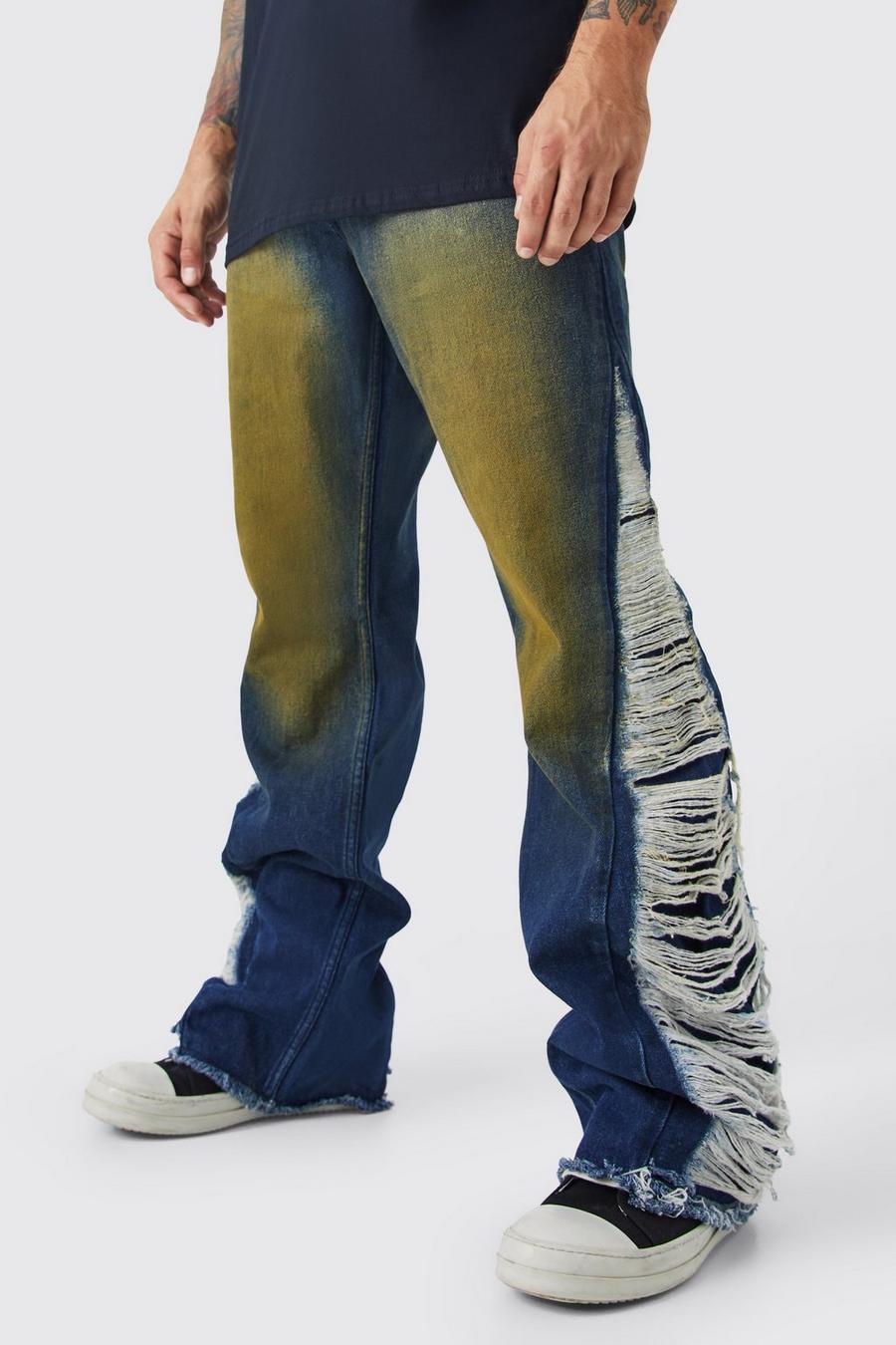 Jeans rilassati in denim rigido a zampa con strappi estremi, Indigo image number 1