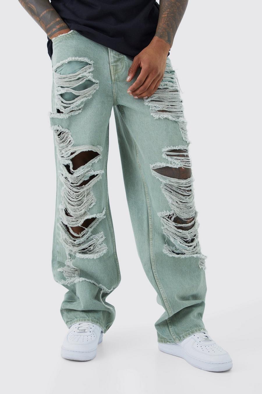 Jeans extra comodi sovratinti in denim rigido con strappi all over, Sage image number 1