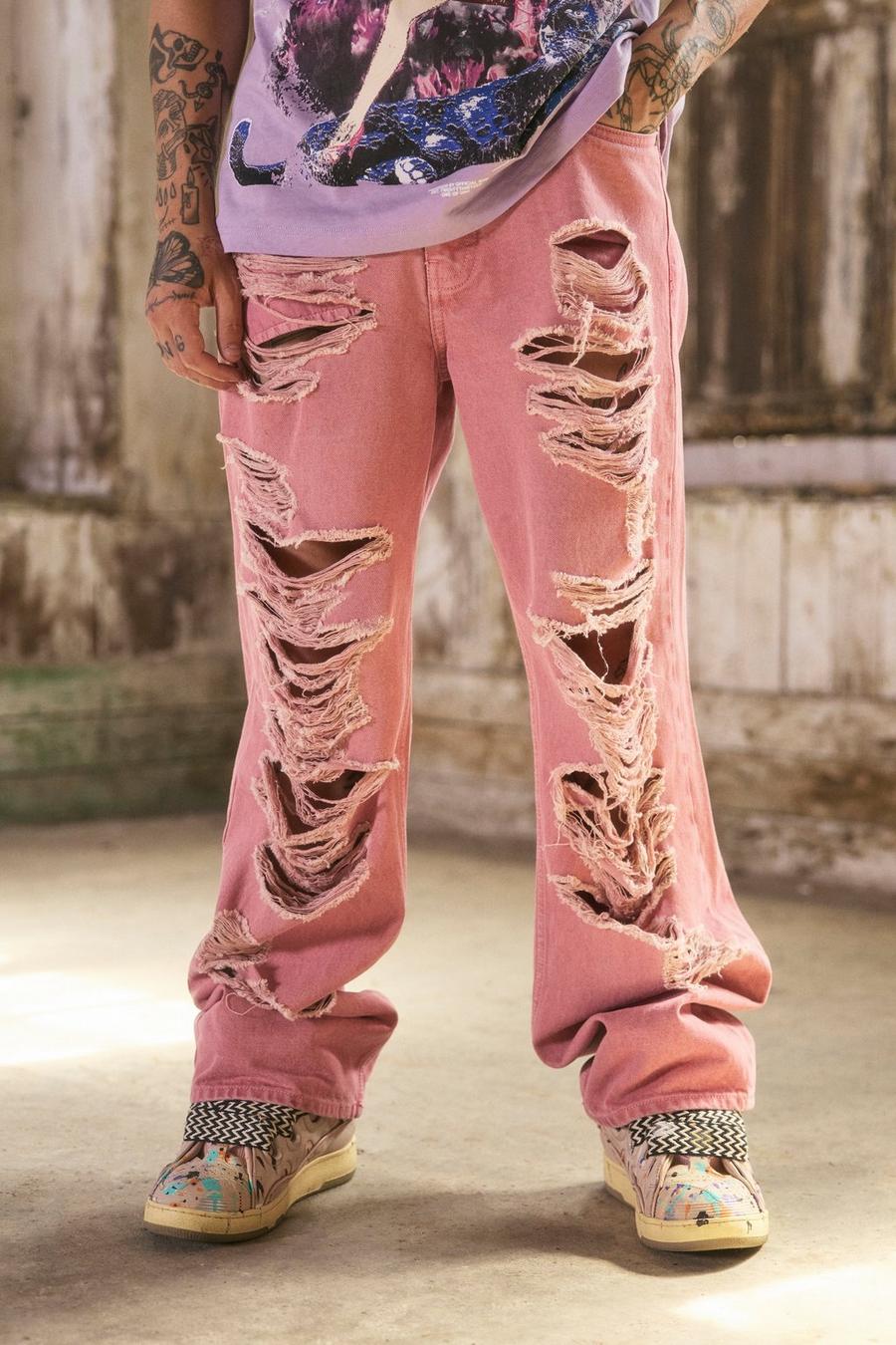 Pink Baggy Rigid All Over Ripped Overdyed Jeans image number 1