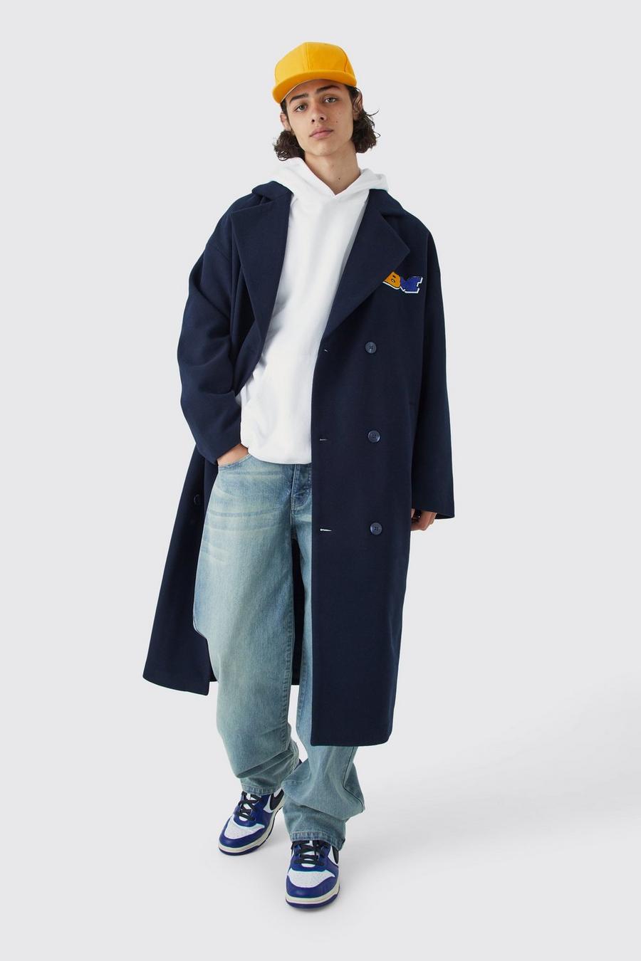 Navy Double Breasted Longline Varsity Badge Overcoat  image number 1