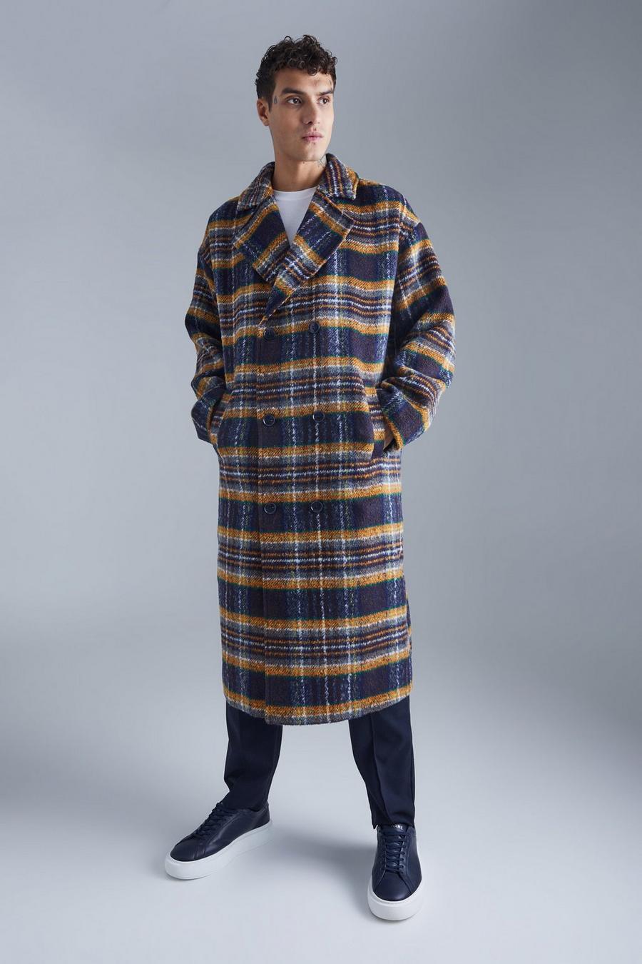 Multi Double Breasted Longline Brushed Check Overcoat  image number 1
