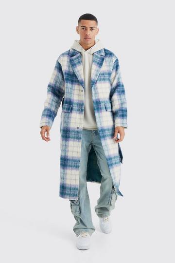 Longline Brushed Check Belted Overcoat blue