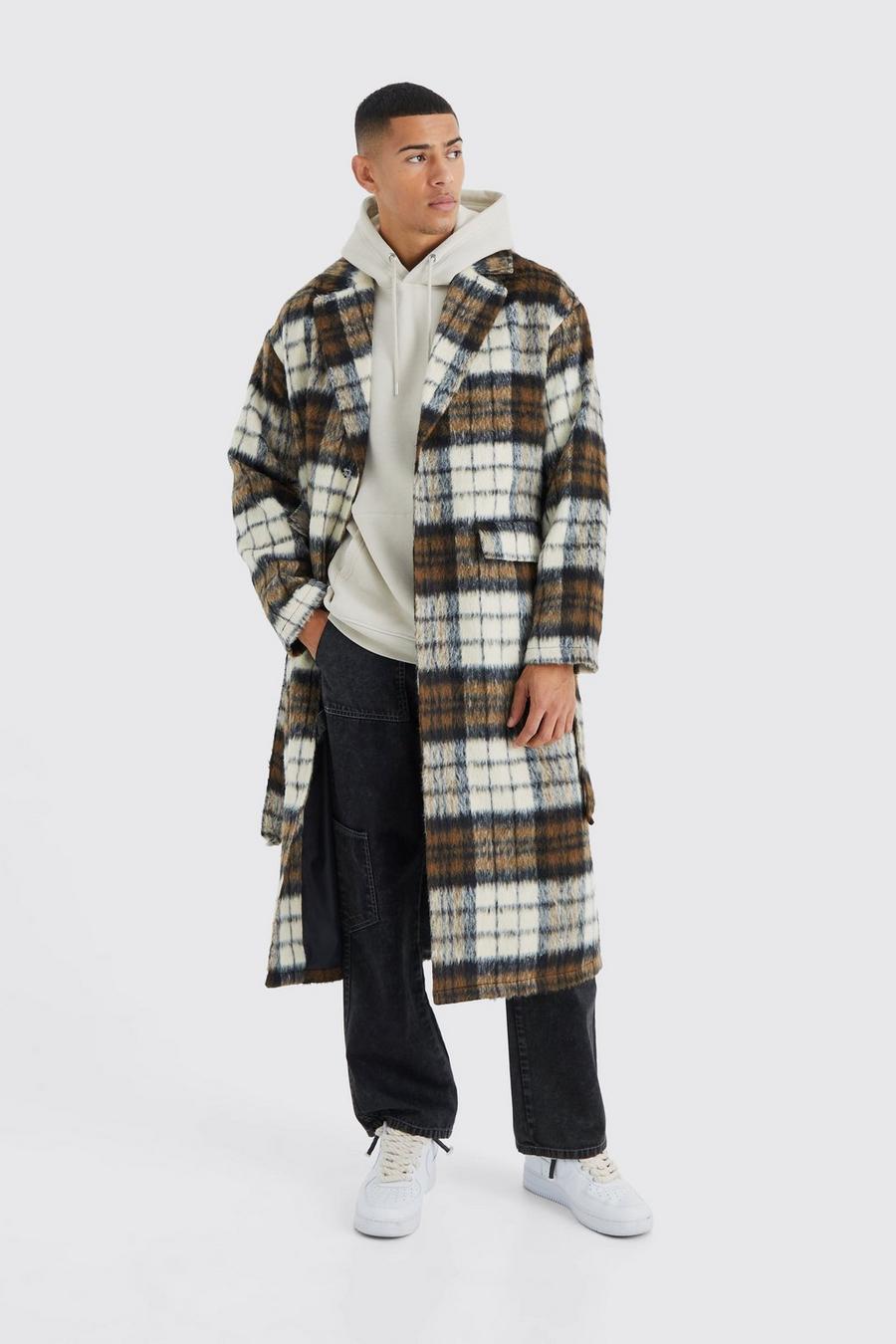 Tan Longline Brushed Check Belted Overcoat 