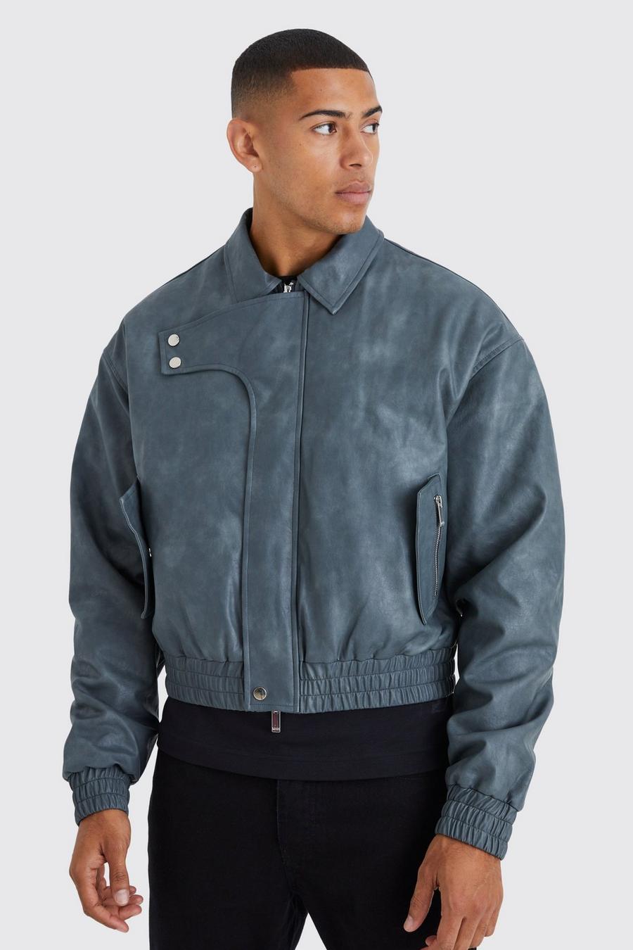 Grey Boxy Washed Pu Detail Collared Bomber image number 1
