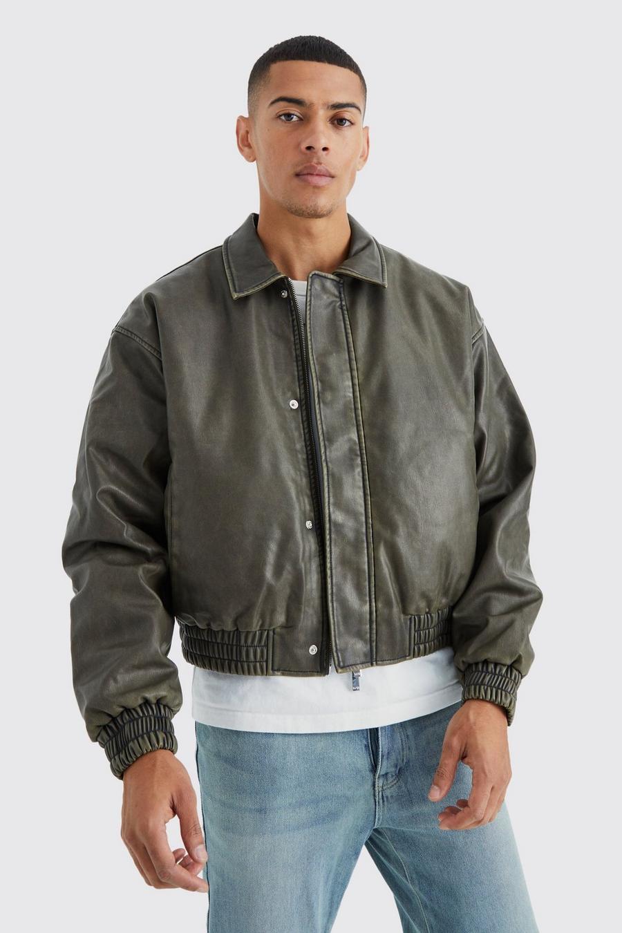 Green Boxy Washed Heavy Pu Collared Bomber image number 1