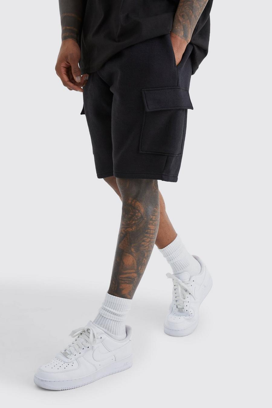 Black noir Middellange Slim Fit Cargo Jersey Shorts