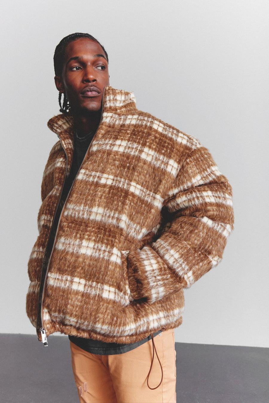 Beige Funnel Neck Heavy Brushed Check Luxe Puffer