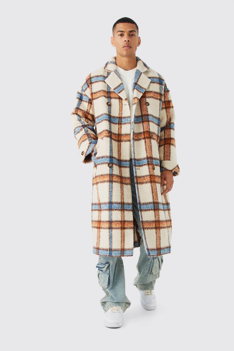 Ecru white Brushed Check Double Breasted Overcoat 