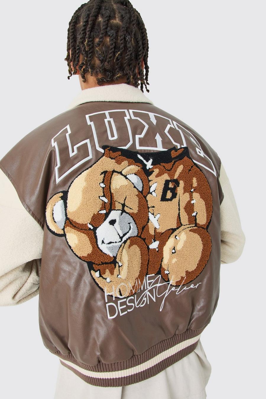Boxy Teddy Varsity Jacket With Boucle Sleeves | boohoo Boxy Teddy Varsity Jacket With Boucle Sleeves | boohoo
