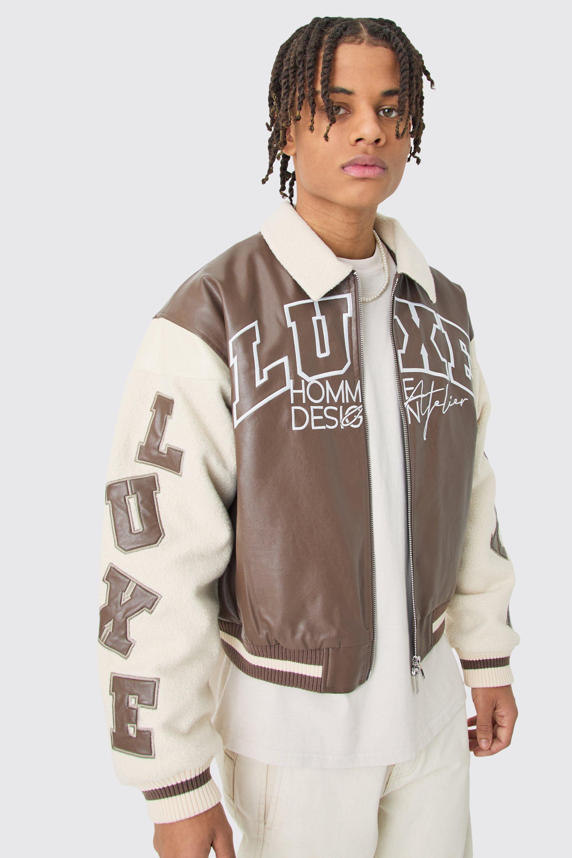 Boxy Teddy Varsity Jacket With Boucle Sleeves