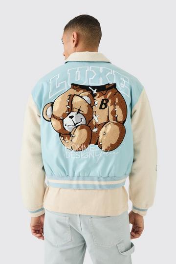 Boxy Teddy Varsity Jacket With Boucle Sleeves pale blue