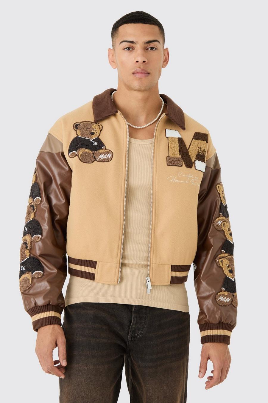 Boxy Teddy Badge Knitted Collar Varsity Jacket | boohoo USA Boxy Teddy Badge Knitted Collar Varsity Jacket | boohoo USA