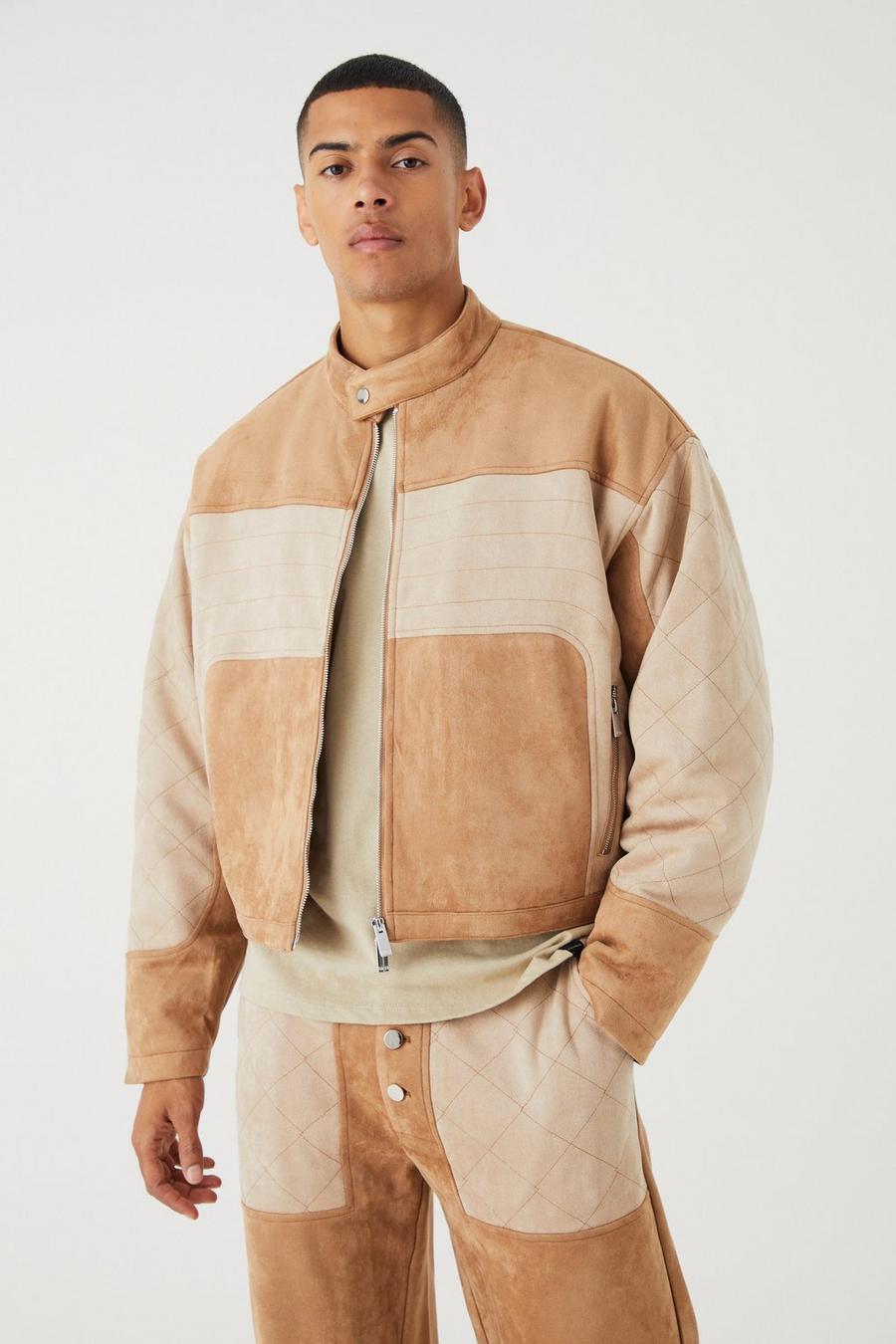 Sand beis Boxy Funnel Neck Suede Panelled Biker 