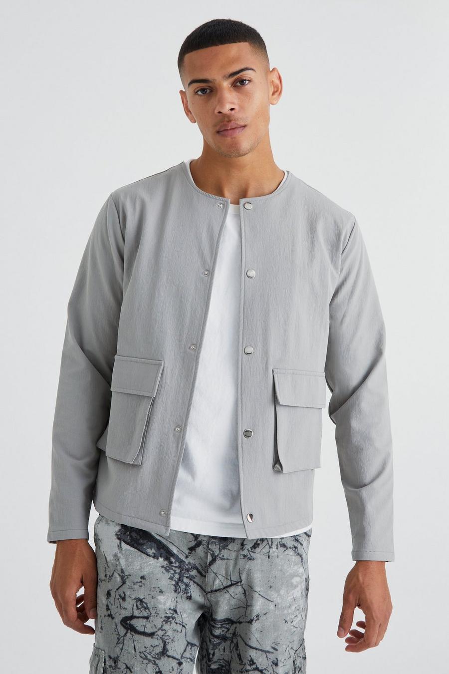 Giacca Bomber in Stretch tecnico senza colletto, Light grey image number 1