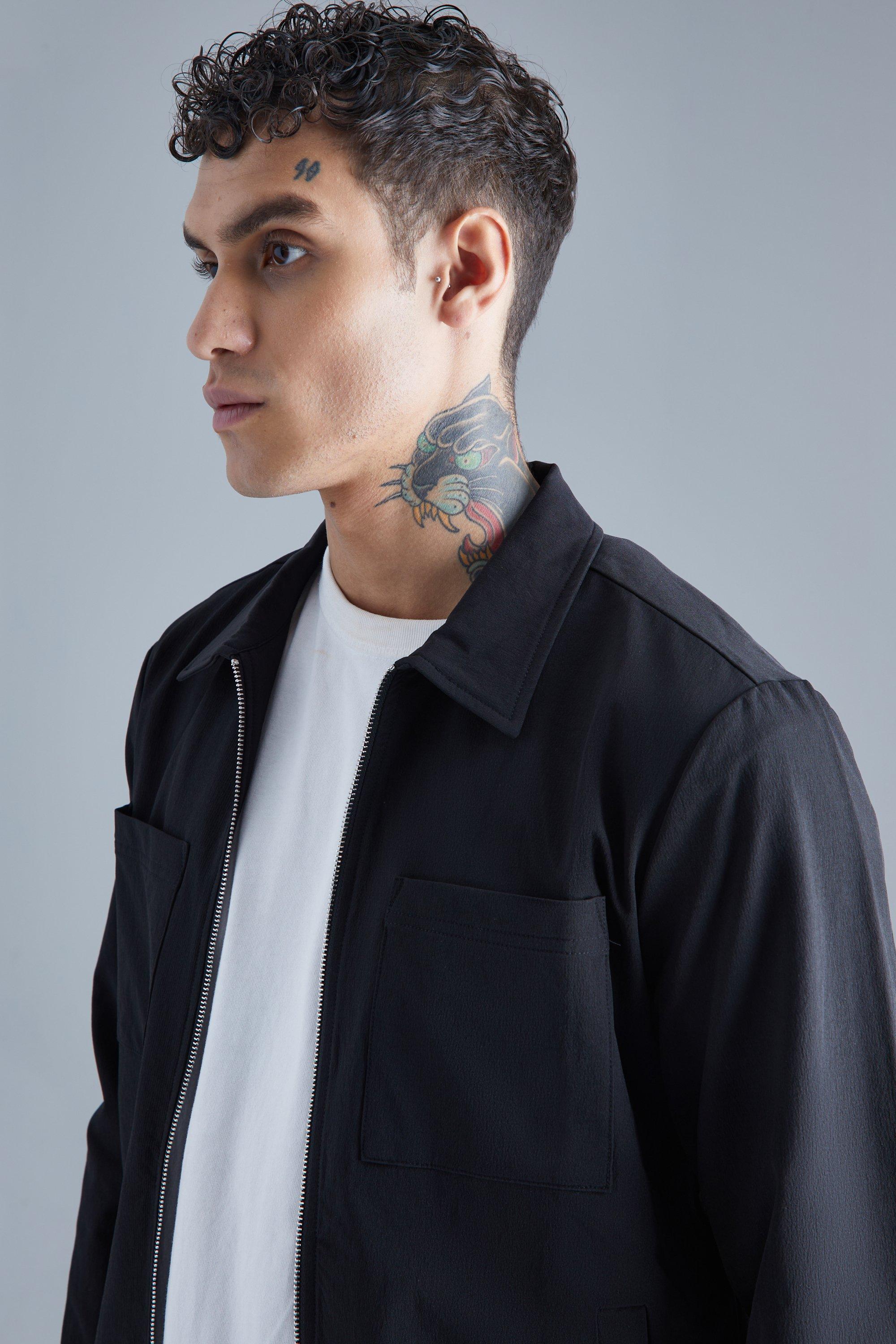 Technical Stretch Harrington Jacket With Patch Pockets | boohoo Technical Stretch Harrington Jacket With Patch Pockets | boohoo