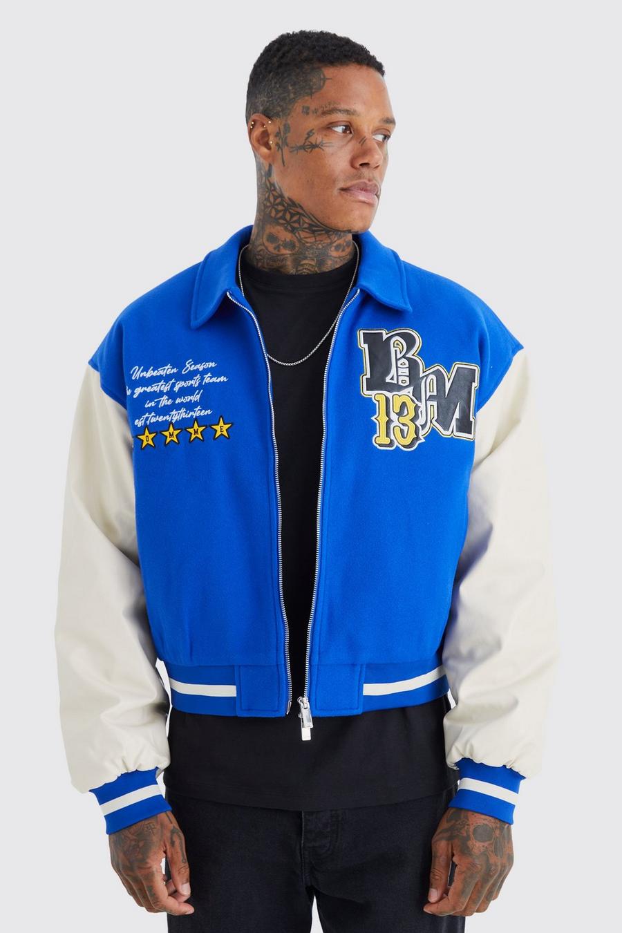 Cobalt blue Boxy Melton & Pu Collared Varsity Jacket