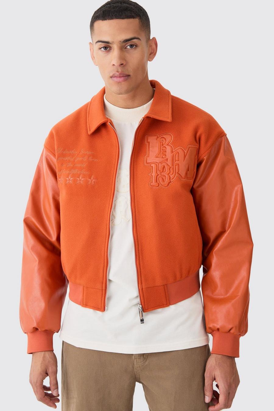 Burnt orange Boxy Melton & Pu Collared Varsity Jacket image number 1