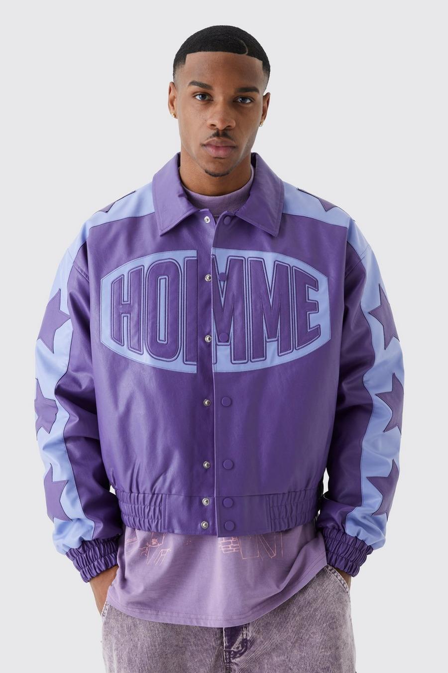 Purple violett Boxy Homme Pu Badge Collared Varsity Jacket