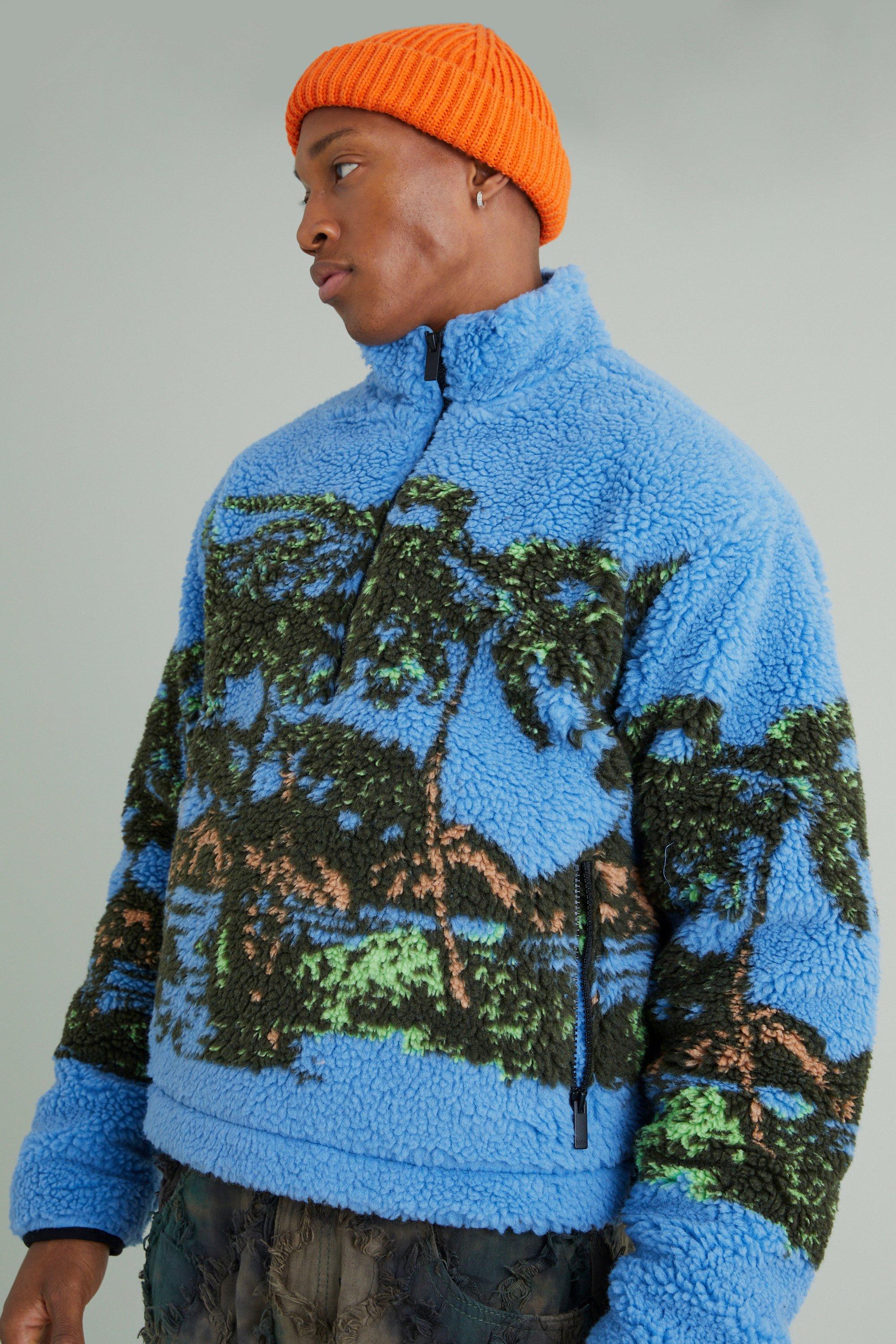 Boxy Palm Print Borg Jacket