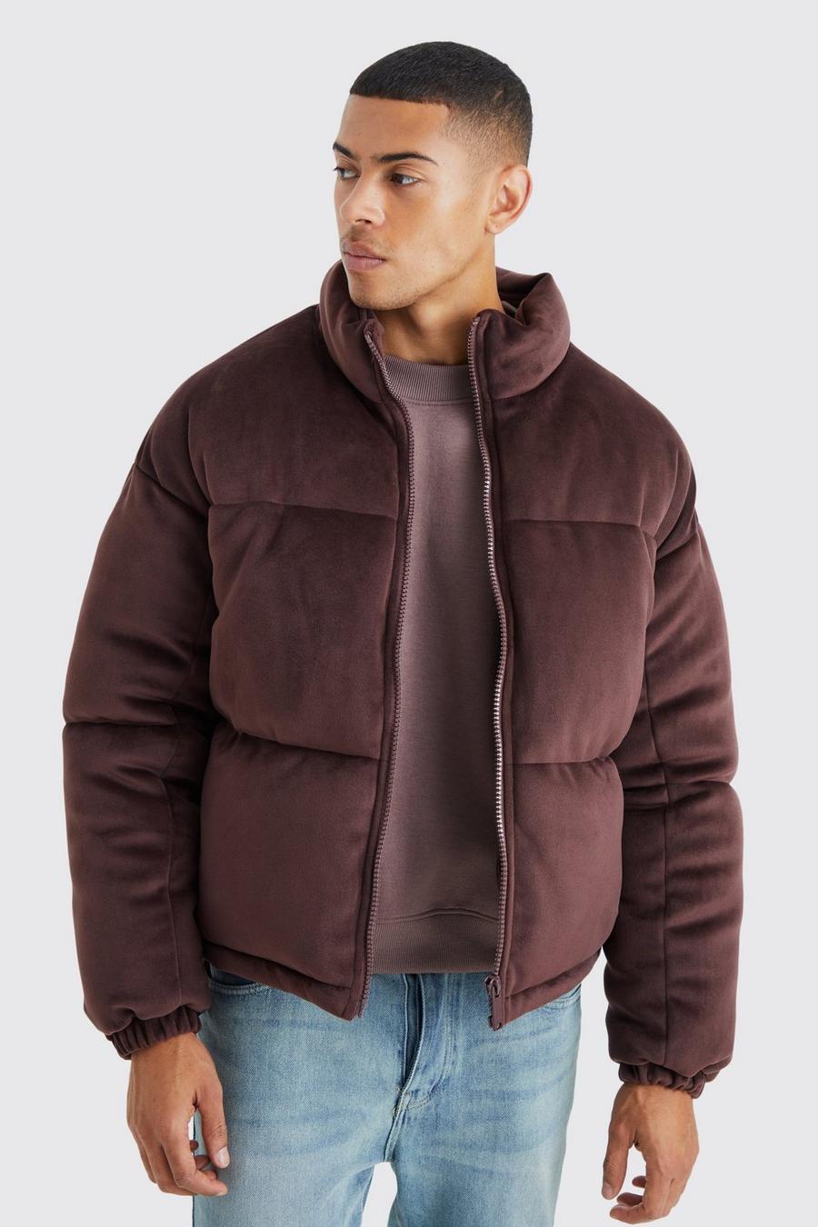 Chocolate brown Plush Suede Funnel Neck Puffer