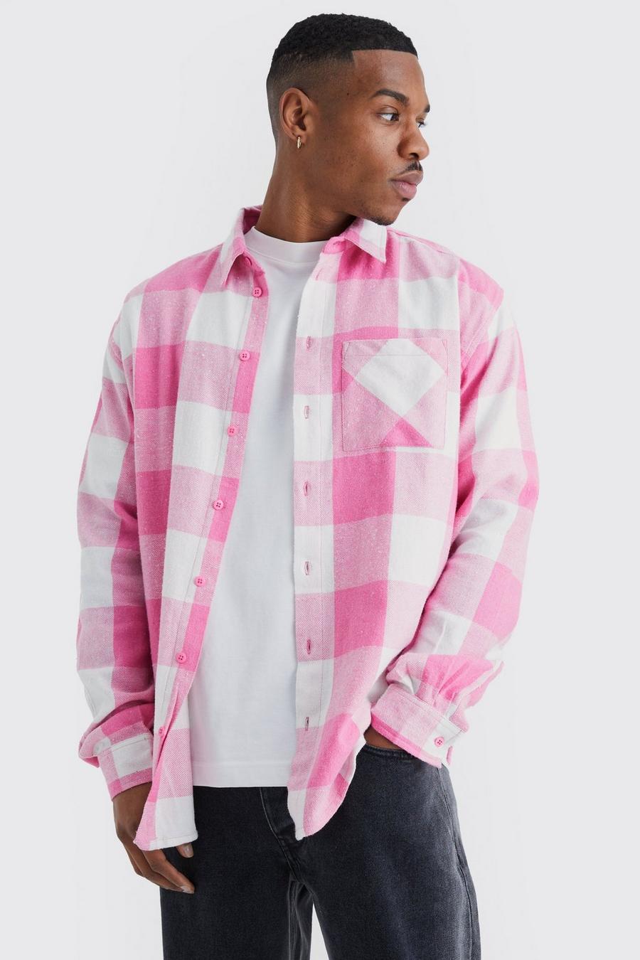 Camicia oversize a maniche lunghe a quadri squadrati in colori accesi, Pink rosa