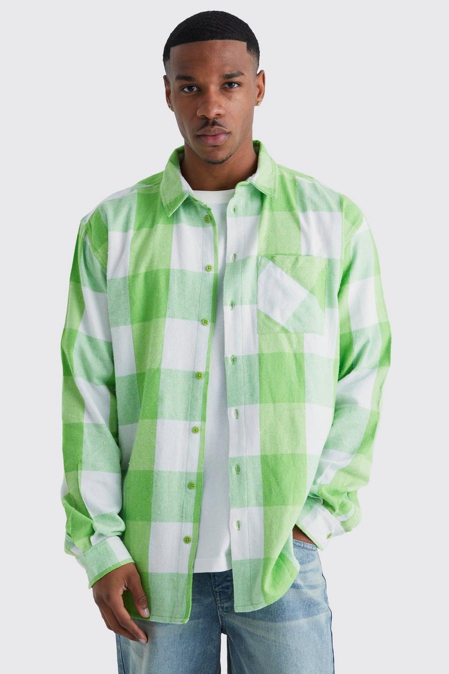Camicia oversize a maniche lunghe a quadri squadrati in colori accesi, Lime verde