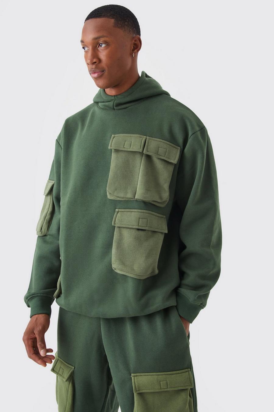 Khaki Oversize hoodie i utilitystil med fickor image number 1