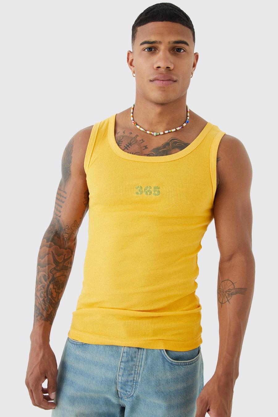 Mustard yellow Slim Ribbed Embroidered Vest  