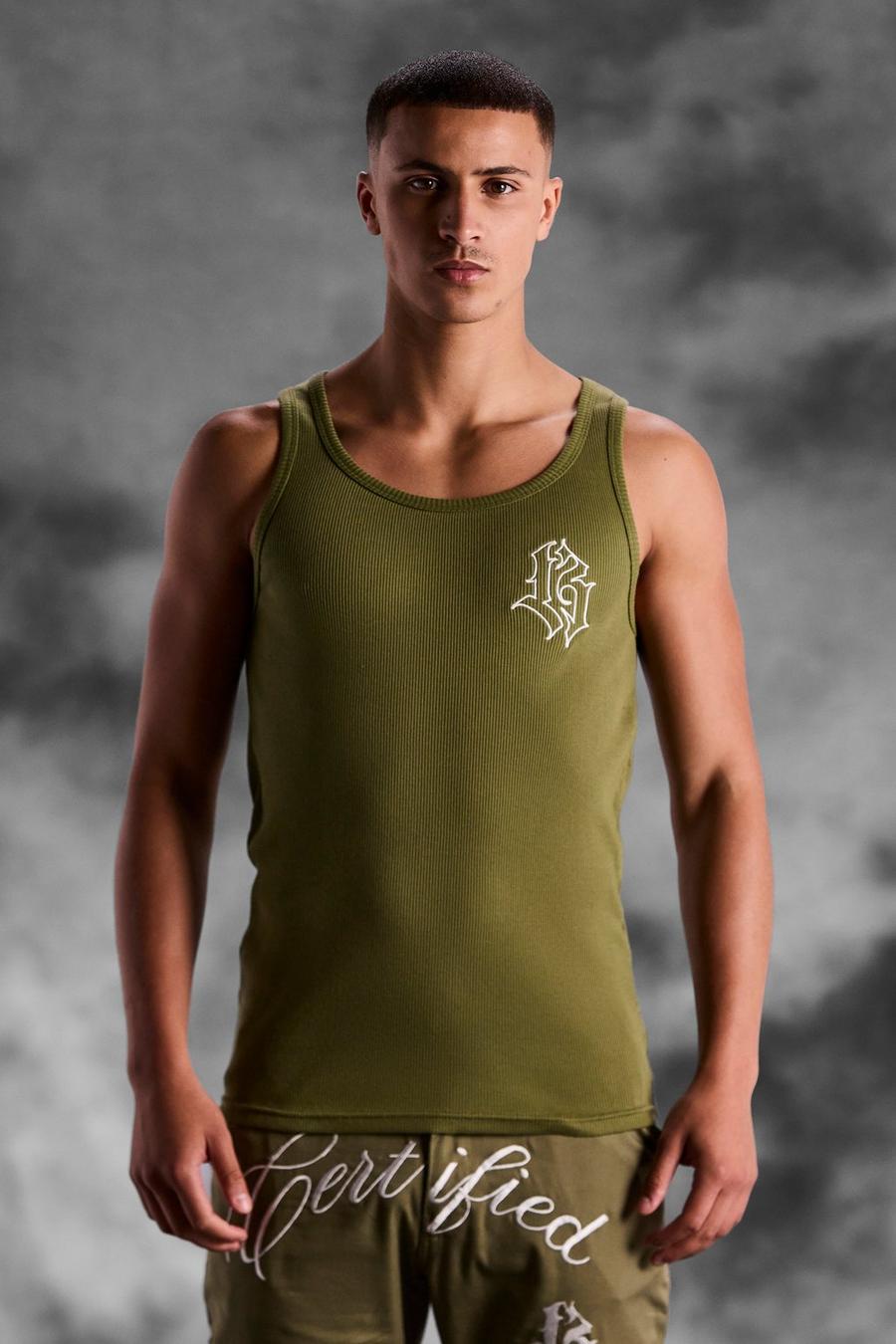 Khaki ArrDee Muscle Fit Ribbed Embroidered Vest 