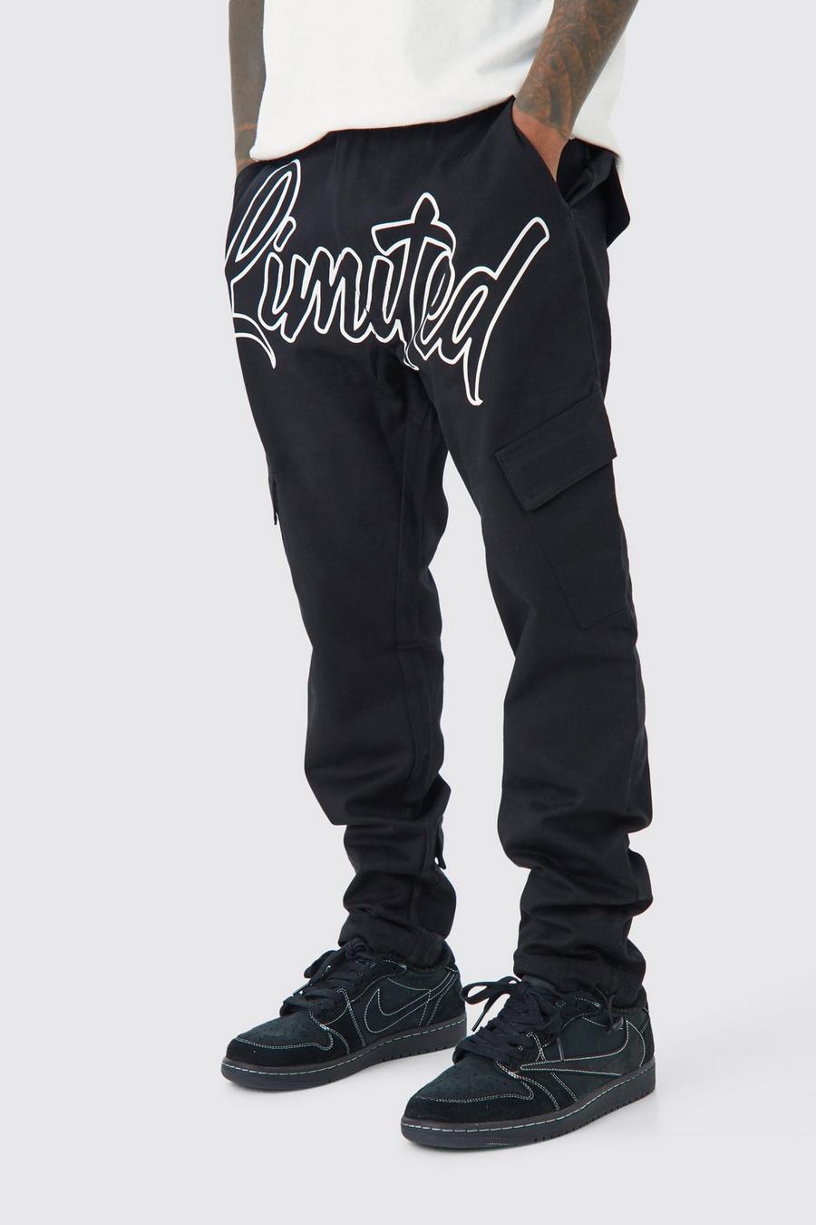 Black Slim Cargo Limited Print Text Trouser image number 1