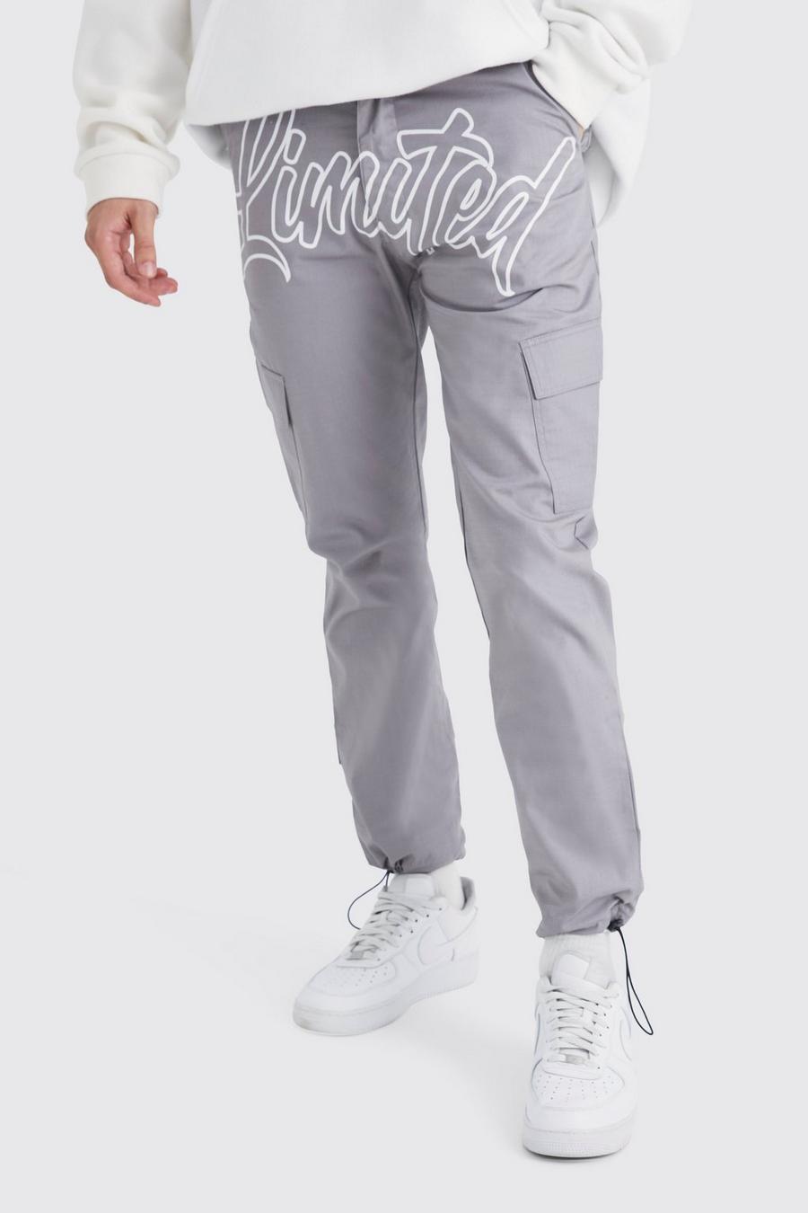 Pantalón cargo ajustado Limited con costuras antidesgarros y texto, Charcoal gris