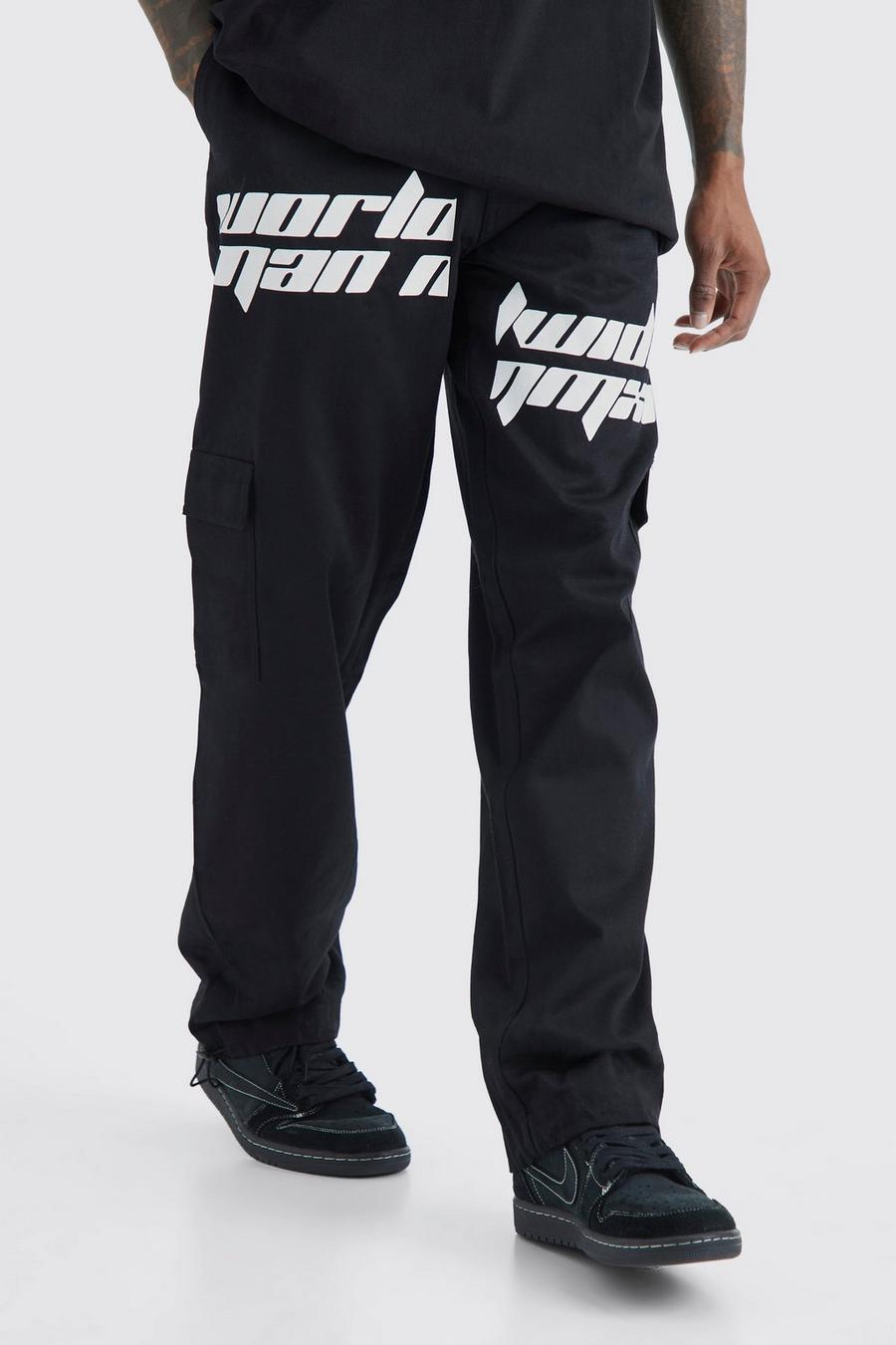 Black Relaxed Cargo Spliced Text Print Pants image number 1