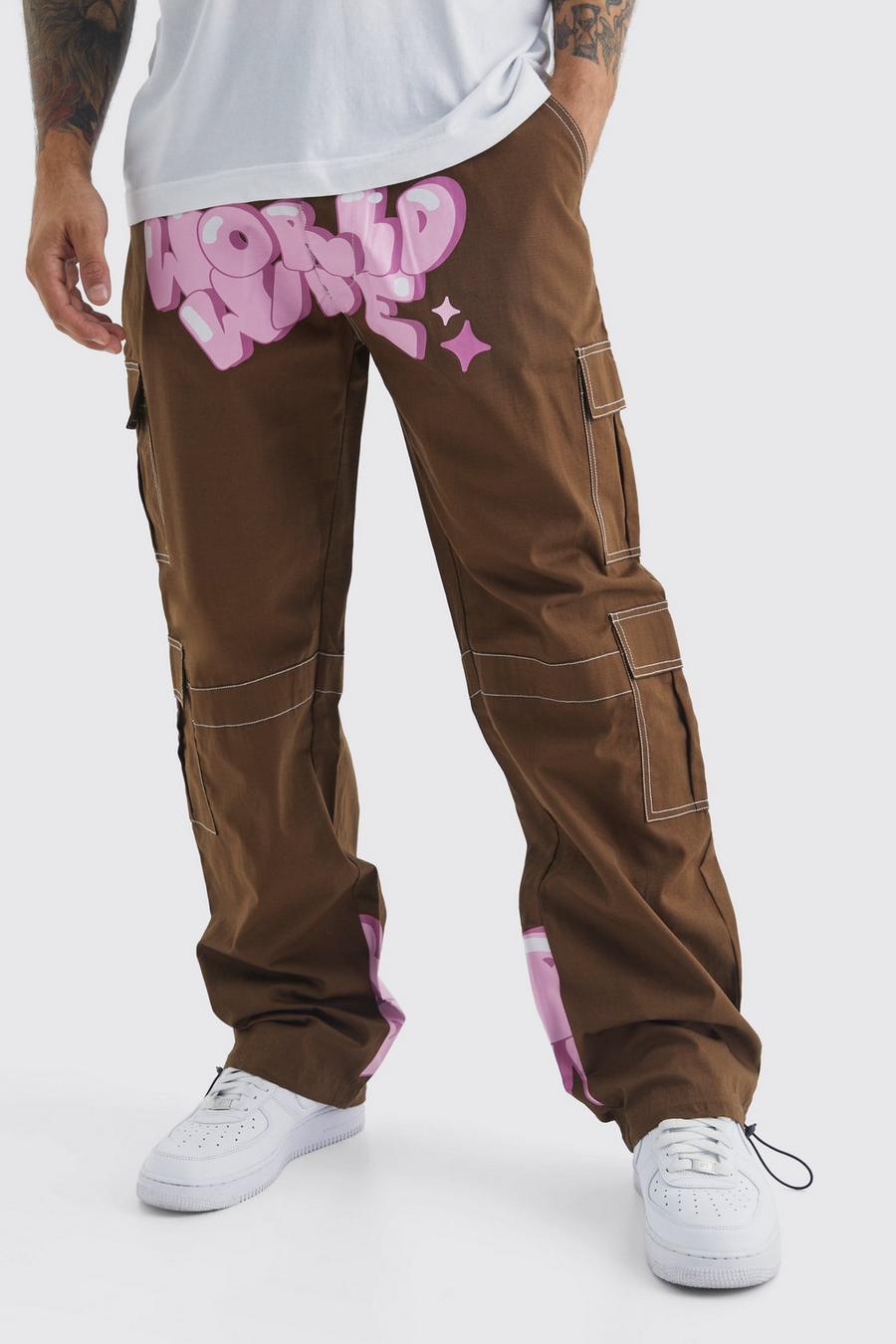 Chocolate brown Relaxed Ripstop Cargo Graffiti Print Trouser