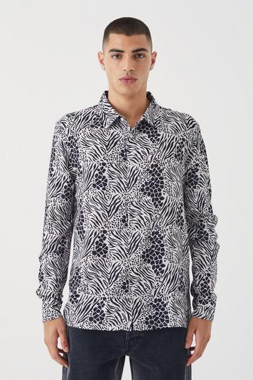 Long Sleeve Viscose Monochrome Floral Shirt black