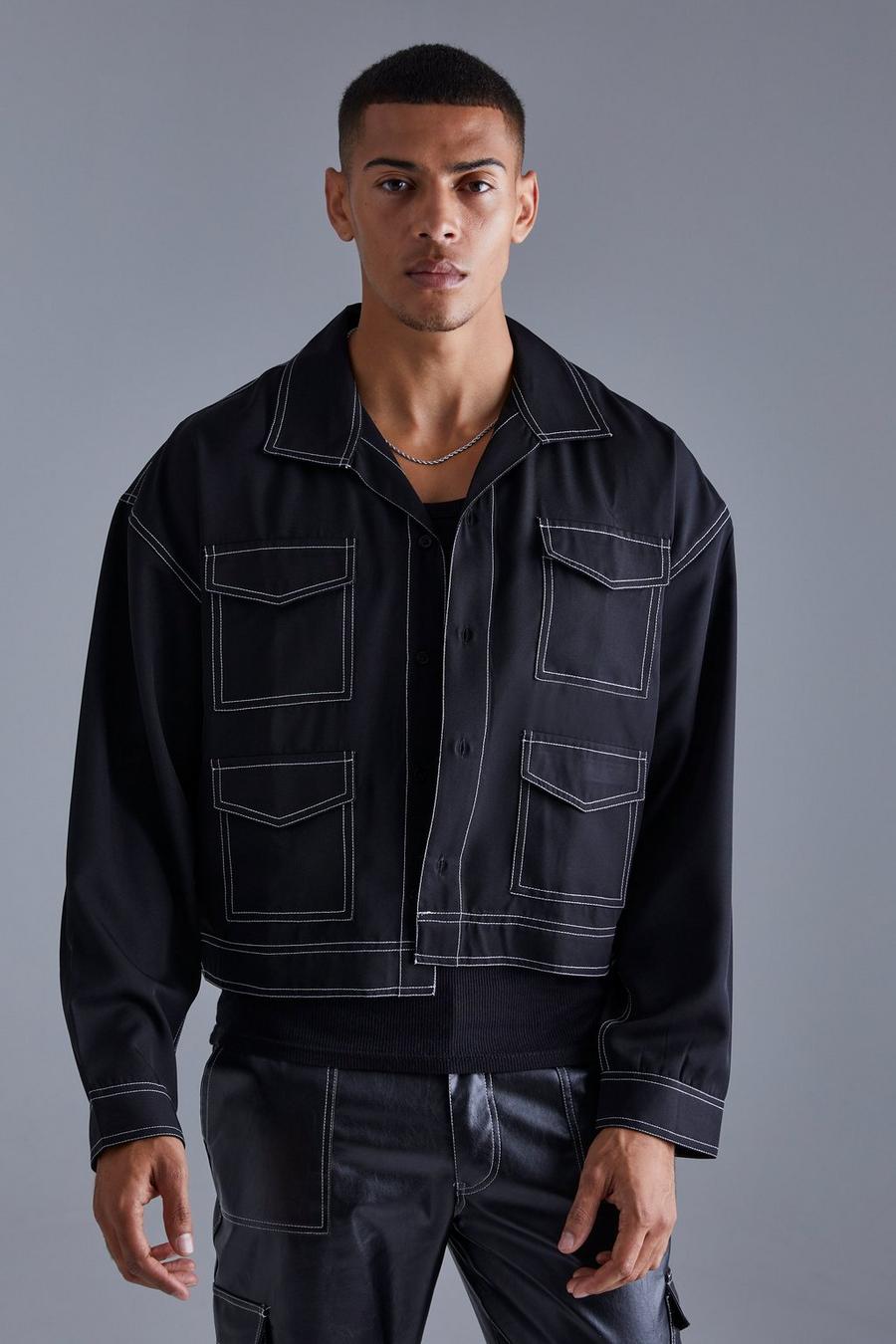 Pantalón cargo y chaqueta de sarga recta de manga larga con costuras en contraste, Black image number 1