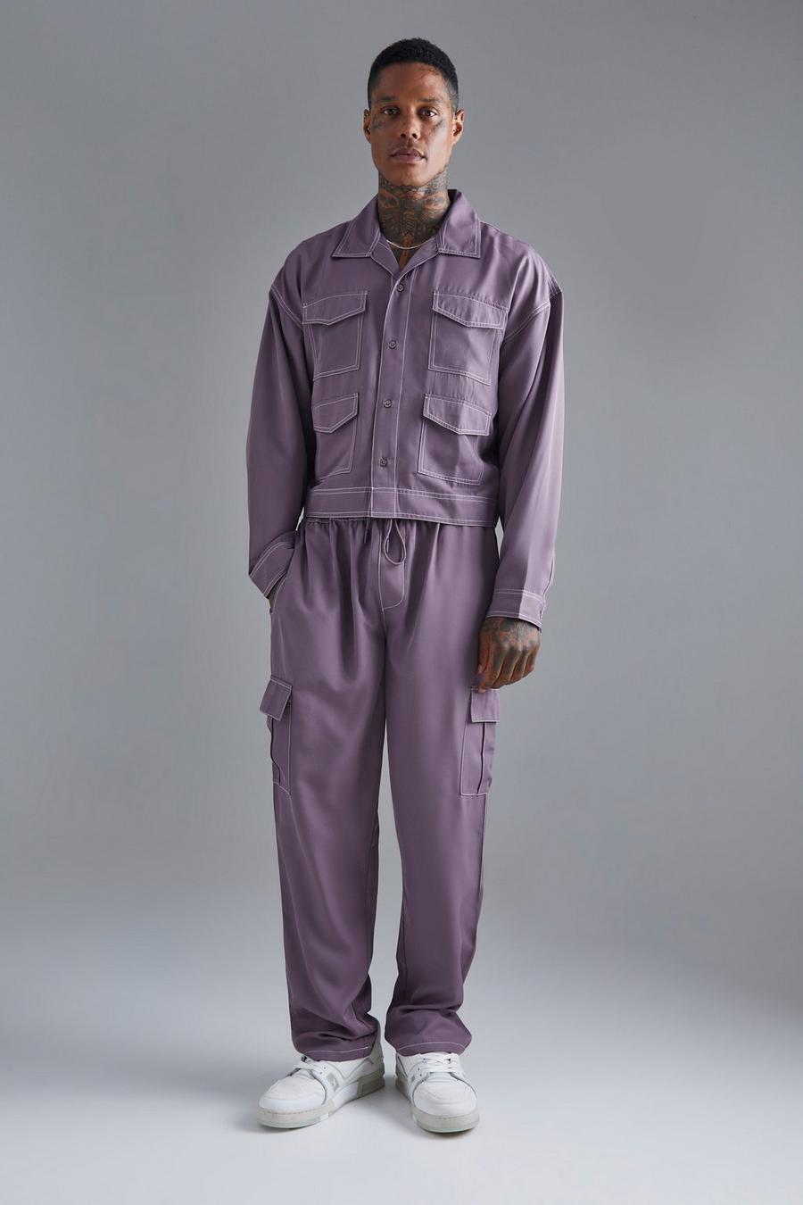 Pantalón cargo y chaqueta de sarga recta de manga larga con costuras en contraste, Charcoal image number 1