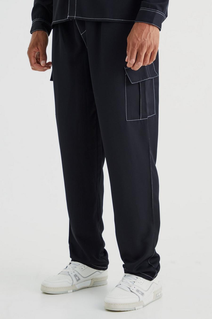 Pantalón Tall recto de sarga cargo con costuras en contraste, Black image number 1