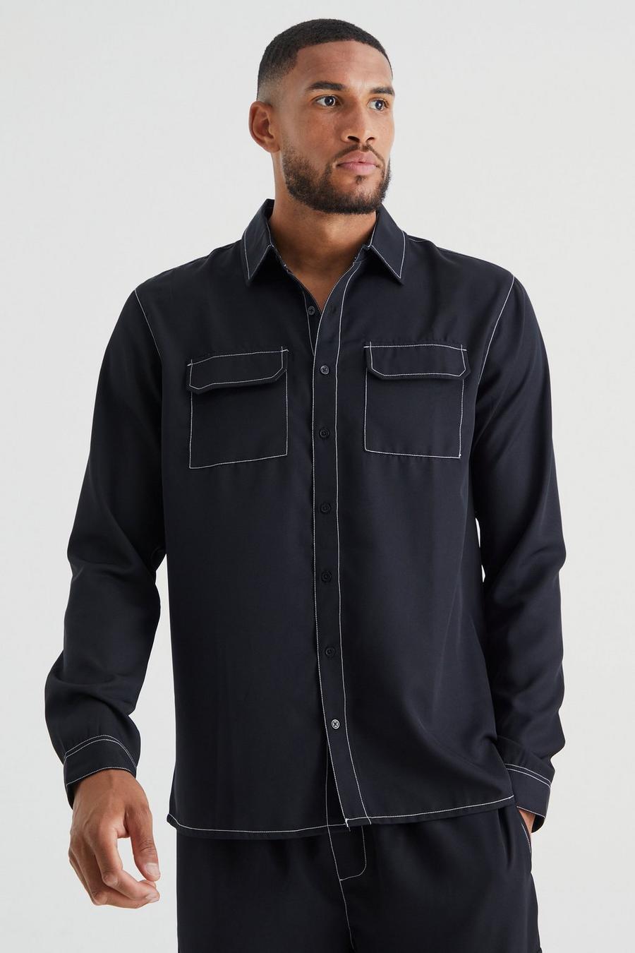 Black Tall Keperstof Overhemd Met Contrasterende Stiksels image number 1