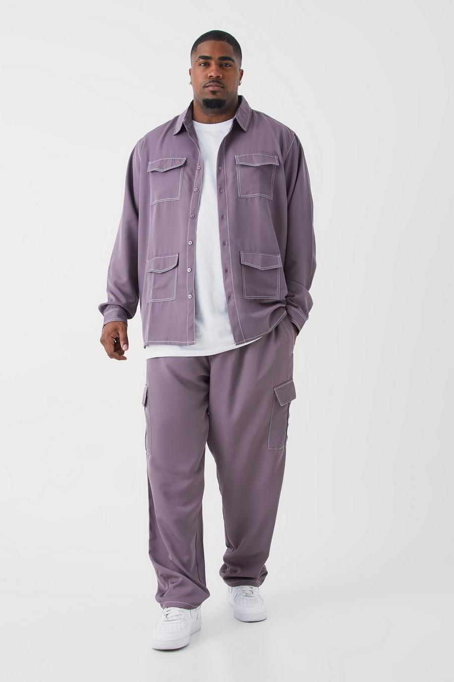 Charcoal grå Plus Contrast Stitch Twill Overshirt & Cargo Trouser Set