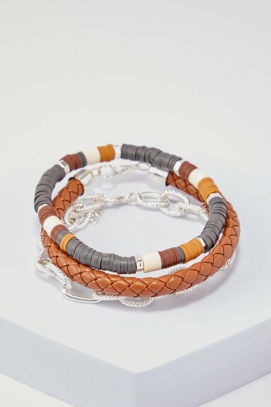 Brown Pu Rope And Chain Bracelet Set
