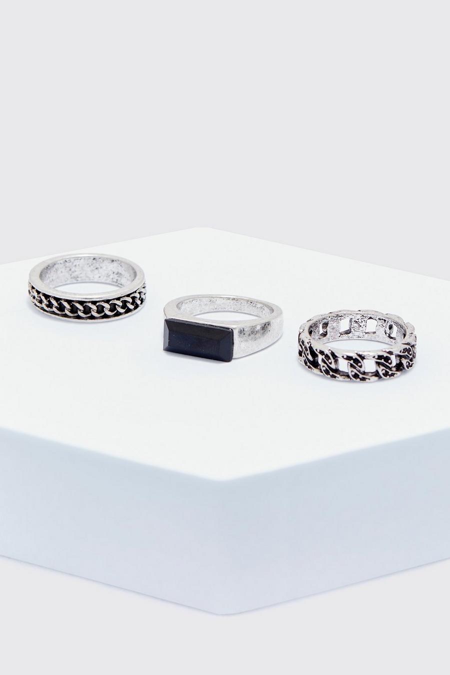 Silver 3 Pack Iced Detail Rings image number 1