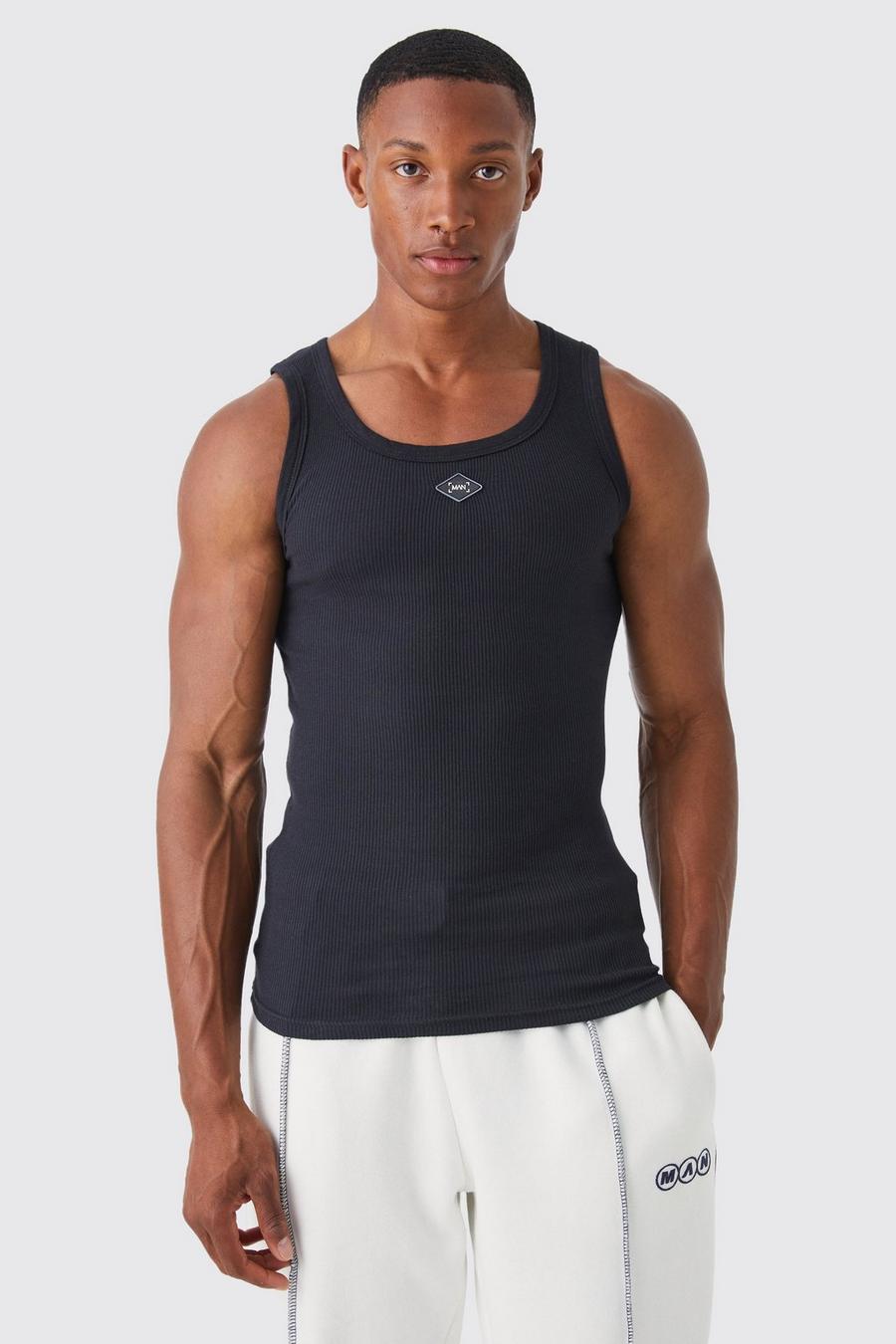 Black Geribbeld Muscle Fit Hemd Met Logo
