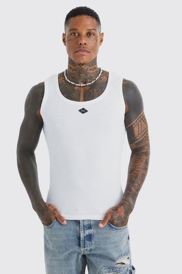 Ribbed Branded Muscle Fit Vest white