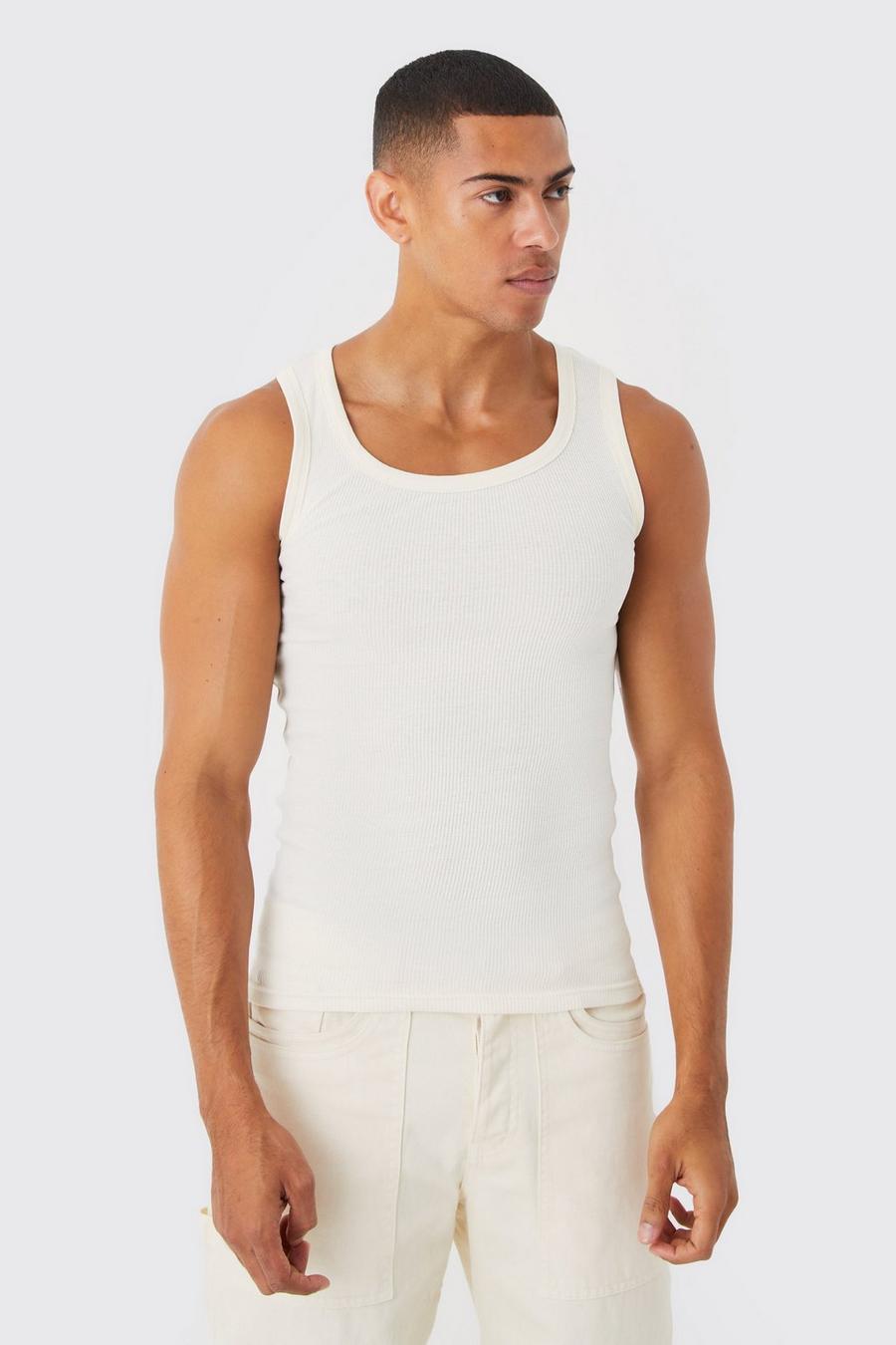 Ecru white Ribbed Muscle Fit Vest 