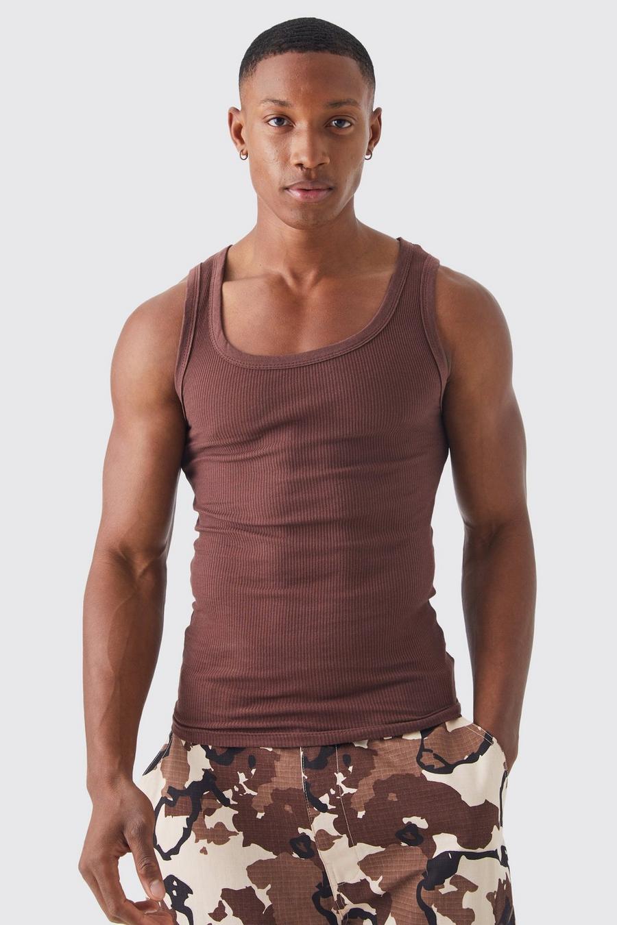 Chocolate brown Ribbed Muscle Fit Vest  
