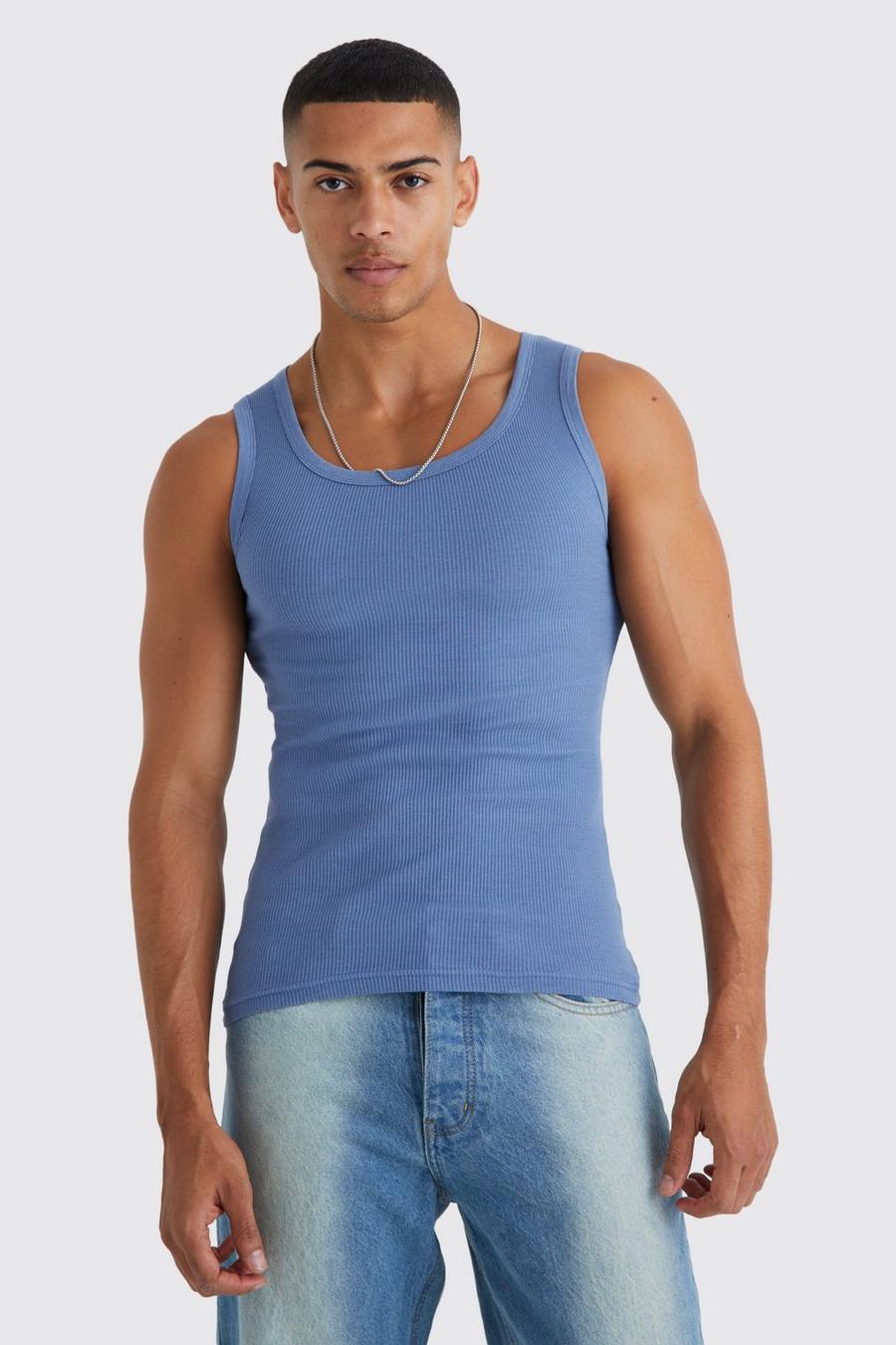 Dusty blue Geribbeld Muscle Fit Hemd