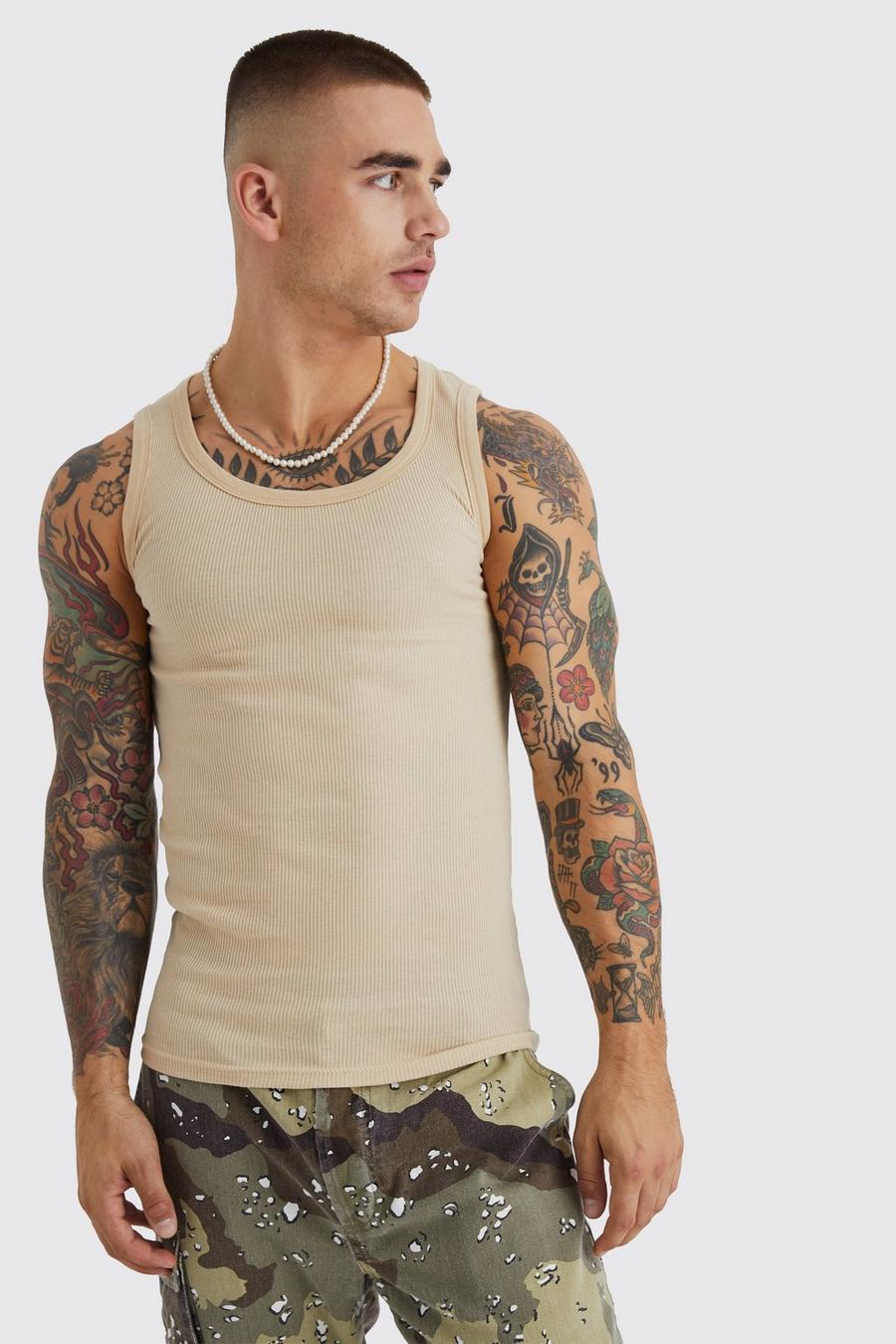 Stone beige Ribbed Muscle Fit Vest    