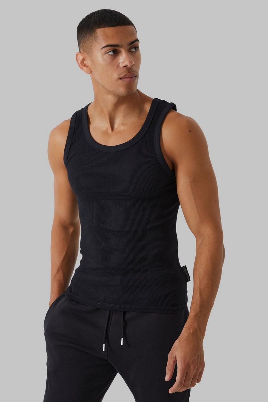 Black Active Geribbeld Muscle Fit Hemd